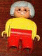 Minifig No: 4555pb207  Name: Duplo Figure, Female, Red Legs, Yellow Blouse, Gray Hair, Glasses