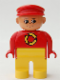 Minifig No: 4555pb217  Name: Duplo Figure, Male, Yellow Legs, Red Top with Recycle Logo, Red Cap, turned up Nose