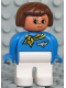Minifig No: 4555pb218  Name: Duplo Figure, Female, White Legs, Blue Top with Scarf and Jet Airplane, Brown Hair, Turned Up Nose (Flight Attendant)