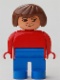 Minifig No: 4555pb221  Name: Duplo Figure, Female, Blue Legs, Red Top, Brown Hair, No Eyelashes, Plain Smile