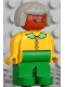 Minifig No: 4555pb227  Name: Duplo Figure, Female, Green Legs, Yellow Blouse with Collar, Gray Hair, Brown Head