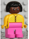Minifig No: 4555pb228  Name: Duplo Figure, Female, Dark Pink Legs, Yellow Sweater with 3 Buttons V Stitching, Black Hair, Brown Head