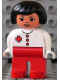 Minifig No: 4555pb231  Name: Duplo Figure, Female Medic, Red Legs, White Top, Black Hair, Red Cross, Asian Eyes