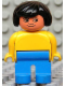 Minifig No: 4555pb234  Name: Duplo Figure, Female, Blue Legs, Yellow Blouse, Black Hair