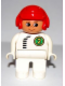 Minifig No: 4555pb245  Name: Duplo Figure, Male, White Legs, White Top with Black Zipper and Racer #2, Round Eyes, Red Aviator Helmet