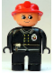 Minifig No: 4555pb251  Name: Duplo Figure, Male Fireman, Black Legs, Black Top with Flame Logo, Red Fire Helmet, no Moustache