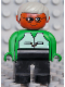 Minifig No: 4555pb261  Name: Duplo Figure, Male, Black Legs, Green Top with Vest, Brown Head, Gray Hair, Glasses