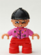 Minifig No: 47205pb005  Name: Duplo Figure Lego Ville, Child Girl, Red Legs, Dark Pink Top With Flowers, Black Riding Helmet, Glasses
