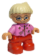 Minifig No: 47205pb006  Name: Duplo Figure Lego Ville, Child Girl, Red Legs, Dark Pink Top With Flowers, Light Blond Hair With Ponytail, Glasses