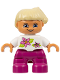 Minifig No: 47205pb010  Name: Duplo Figure Lego Ville, Child Girl, Magenta Legs, White Top with Two Flowers, White Arms, Tan Hair (4521596, 6012989, 6228505)