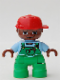 Minifig No: 47205pb013  Name: Duplo Figure Lego Ville, Child Boy, Bright Green Legs, Bright Light Blue Top with Bright Green Overalls with Worms in Pocket, Brown Head, Red Cap
