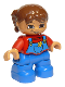 Minifig No: 47205pb021  Name: Duplo Figure Lego Ville, Child Girl, Blue Legs Overalls with Yellow Flower in Pocket, Red Top, Reddish Brown Hair, Brown Eyes