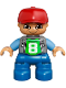 Minifig No: 47205pb026  Name: Duplo Figure Lego Ville, Child Boy, Blue Legs, Light Bluish Gray Top with Number 8, Medium Blue Arms, Red Cap, Freckles