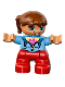 Minifig No: 47205pb030  Name: Duplo Figure Lego Ville, Child Girl, Red Legs, Medium Blue Jacket over Shirt with Flower, Reddish Brown Pigtails