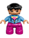 Minifig No: 47205pb035  Name: Duplo Figure Lego Ville, Child Girl, Magenta Legs, Medium Blue Jacket over Shirt with Flower, Black Pigtails