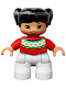 Minifig No: 47205pb036  Name: Duplo Figure Lego Ville, Child Girl, White Legs, Red Fair Isle Sweater with Orange Diamonds, Brown Eyes with Cheeks Outline, Black Pigtails