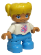 Minifig No: 47205pb037  Name: Duplo Figure Lego Ville, Child Girl, Dark Azure Legs, White Top with Pink Butterfly, Yellow Hair with Pigtails (6228500)