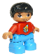 Minifig No: 47205pb038  Name: Duplo Figure Lego Ville, Child Boy, Dark Azure Legs, Red Top with Space Rocket Ship, Black Hair (6233698)