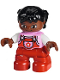 Minifig No: 47205pb041  Name: Duplo Figure Lego Ville, Child Girl, Red Legs, Bright Pink Top with Flower on Pocket, White Arms, Black Hair Pigtails with Uneven Bangs