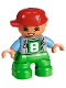 Minifig No: 47205pb043  Name: Duplo Figure Lego Ville, Child Boy, Bright Green Legs, Light Bluish Gray Top with '8' Pattern, Medium Blue Arms, Red Cap