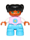 Minifig No: 47205pb050  Name: Duplo Figure Lego Ville, Child Girl, Dark Azure Legs, Bright Pink Top with Yellow and Dark Azure Flower, Black Hair with Pigtails