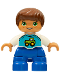 Minifig No: 47205pb055  Name: Duplo Figure Lego Ville, Child Boy, Blue Legs, White Top with Tractor Pattern, Reddish Brown Hair