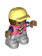 Minifig No: 47205pb080  Name: Duplo Figure Lego Ville, Child Boy, Light Bluish Gray Legs, Coral Top with Dark Blue Arms, Dark Brown Hair, Bright Light Yellow Cap