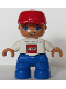 Minifig No: 47205pb085  Name: Duplo Figure Lego Ville, Child Boy, Blue Legs, White Top, Red Cap LEGO Logo and 'LEGO STORE UŠĆE' on Front
