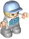 Minifig No: 47205pb087  Name: Duplo Figure Lego Ville, Child Boy, Light Bluish Gray Legs, Medium Azure Top with Number 7, Tan Hair, Bright Light Blue Cap