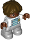Minifig No: 47205pb089  Name: Duplo Figure Lego Ville, Child Boy, Light Bluish Gray Legs, White Jacket, Light Aqua and Medium Azure Striped Top, Dark Brown Hair