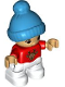 Minifig No: 47205pb093  Name: Duplo Figure Lego Ville, Child Boy, White Legs, Red Top with Deer Buck, Freckles, Reddish Brown Eyes, Dark Azure Bobble Cap
