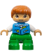Minifig No: 47205pb097  Name: Duplo Figure Lego Ville, Child Boy, Bright Green Legs, Dark Azure Vest, White Shirt, Dark Orange Hair, Hearing Aids (6443276)