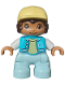 Minifig No: 47205pb099  Name: Duplo Figure Lego Ville, Child Girl, Light Aqua Legs, Medium Azure Jacket with Capital Letter A and Buttons, Dark Brown Hair, Bright Light Yellow Cap (6435328)