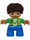 Minifig No: 47205pb104  Name: Duplo Figure Lego Ville, Child Boy, Blue Legs, Lime Vest, Yellowish Green Shirt, Bright Light Yellow Glasses, Dark Brown Hair (6446049)