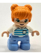 Minifig No: 47205pb107  Name: Duplo Figure Lego Ville, Child Girl, Bright Light Blue Legs, Orange Hair, Medium Azure and Light Aqua Striped Shirt, Green Eyes, Freckles, White Arms (6453163)