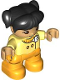 Minifig No: 47205pb110  Name: Duplo Figure Lego Ville, Child Girl, Bright Light Orange Legs, Bright Light Yellow Top with White Dog Head, Black Hair with Pigtails (6444088)