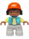 Minifig No: 47205pb113  Name: Duplo Figure Lego Ville, Child Girl, Light Bluish Gray Legs, Medium Azure Jacket with Capital Letter A and Buttons, Black Hair, Reddish Orange Riding Helmet (6474068)
