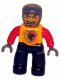 Minifig No: 47394pb013  Name: Duplo Figure Lego Ville, Male Castle, Black Legs, Bright Light Orange Chest, Red Arms, Dark Bluish Gray Hands, Open Mouth