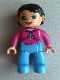 Minifig No: 47394pb015b  Name: Duplo Figure Lego Ville, Female, Medium Blue Legs, Magenta Top with White Drawstring, Black Hair, Brown Eyes