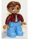 Minifig No: 47394pb019b  Name: Duplo Figure Lego Ville, Male, Medium Blue Legs, Dark Red Top, Reddish Brown Hair, Open Mouth Smile, Reddish Brown Eyes
