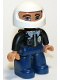 Minifig No: 47394pb024a  Name: Duplo Figure Lego Ville, Male Police, Dark Blue Legs, Black Top with Badge, Black Arms, White Helmet, Reddish Brown Eyebrows, Blue Eyes