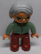 Minifig No: 47394pb030a  Name: Duplo Figure Lego Ville, Female, Dark Red Legs, Sand Green Sweater, Light Gray Hair, Green Eyes, Glasses