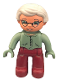 Minifig No: 47394pb030b  Name: Duplo Figure Lego Ville, Female, Dark Red Legs, Sand Green Sweater and Hands, Very Light Gray Hair, Green Eyes, Glasses