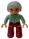 Minifig No: 47394pb030c  Name: Duplo Figure Lego Ville, Female, Dark Red Legs, Sand Green Sweater, Light Bluish Gray Hair, Green Eyes, Glasses