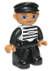 Minifig No: 47394pb035  Name: Duplo Figure Lego Ville, Male Prisoner, Black Cap, Light Nougat Head and Hands, Black and White Striped Shirt with '62019', Black Legs