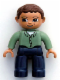 Minifig No: 47394pb036  Name: Duplo Figure Lego Ville, Male, Dark Blue Legs, Sand Green Top with Buttons, Reddish Brown Hair, Brown Eyes