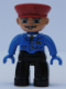 Minifig No: 47394pb038  Name: Duplo Figure Lego Ville, Male, Black Legs, Blue Jacket with Tie, Red Hat, Curly Moustache (Train Conductor)