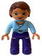 Minifig No: 47394pb040a  Name: Duplo Figure Lego Ville, Female, Dark Purple Legs, Bright Light Blue Wrap Top with Necklace, Nougat Hands, Reddish Brown Hair, Green Eyes