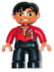 Minifig No: 47394pb043  Name: Duplo Figure Lego Ville, Male, Dark Blue Legs, Red Top with Open Collar, Black Hair, VIP Badge