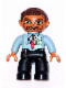 Minifig No: 47394pb044  Name: Duplo Figure Lego Ville, Male, Dark Blue Legs, Light Blue Top with Red Tie and ID Badge, Reddish Brown Hair, Beard, Glasses